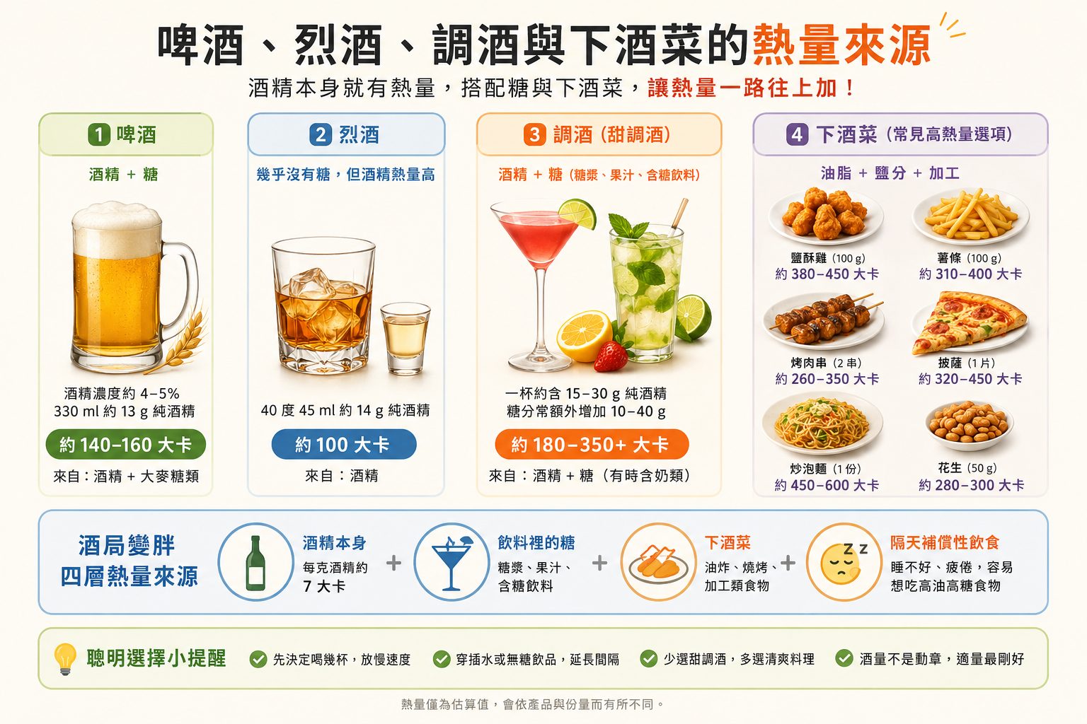 啤酒烈酒調酒與下酒菜的酒局熱量來源