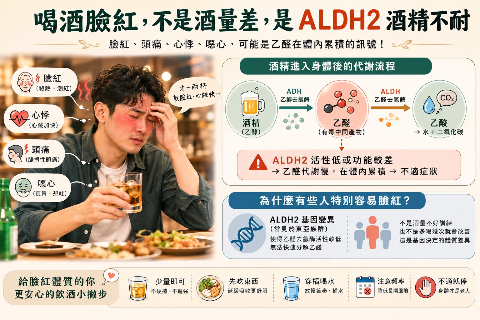 喝酒臉紅與ALDH2乙醛代謝能力不足示意